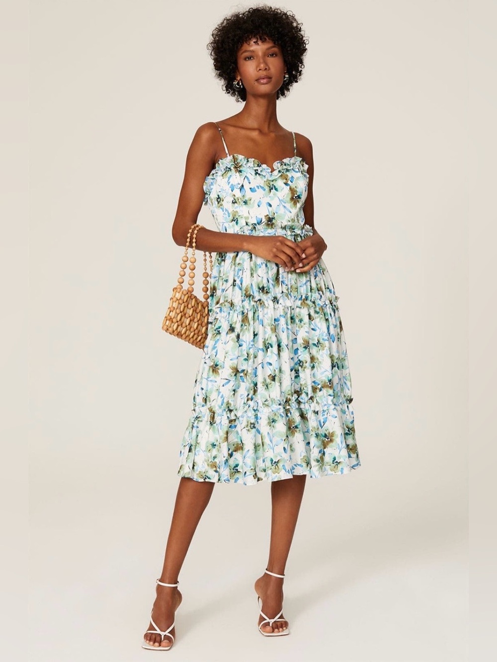 Badgley Mischka~Blue Floral Ruffle Trim Dress~Size 4~$595~